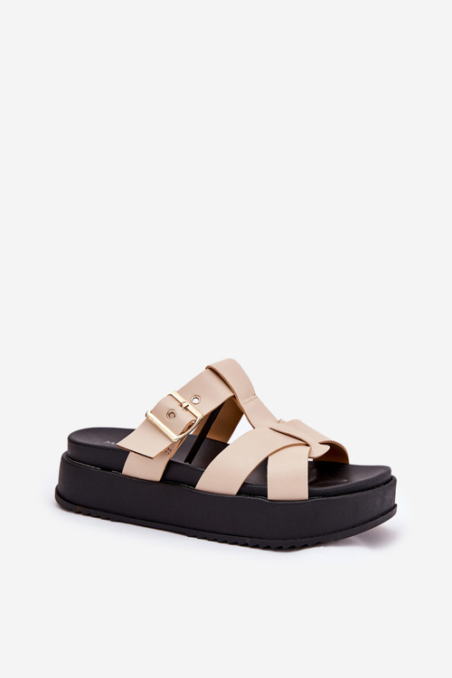 Klapki Damskie Na Platformie Z Paskami I Klamrą Beżowe Elimessa