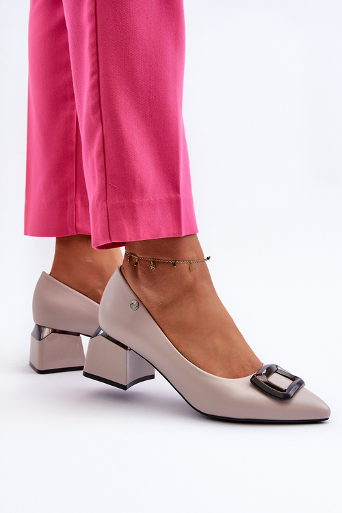 Czółenka Na Obcasie Klocku Z Ozdobą Eko Skórzane Szare Sarala