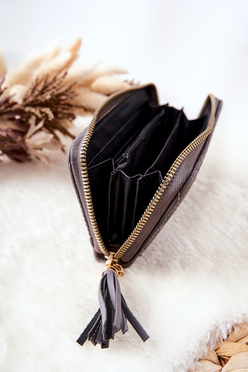 Pikowany Portfel Z Frędzelkiem Szary