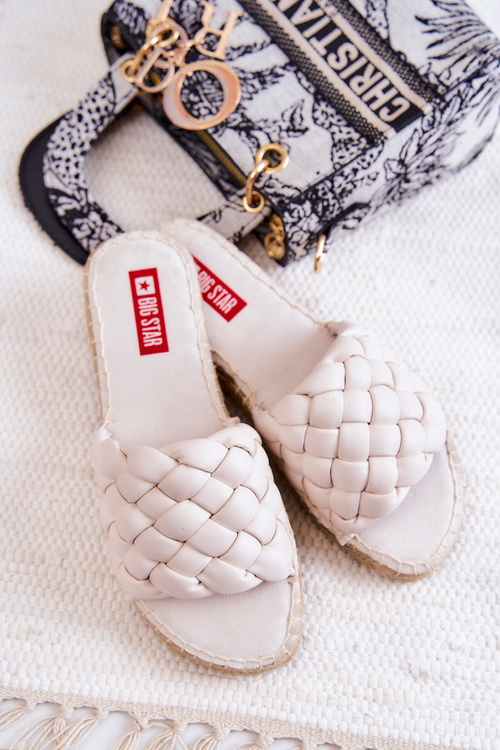 Skórzane Plecione Klapki Big Star JJ274922 Beżowe