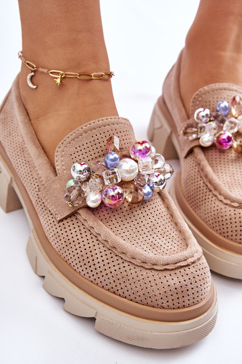 Damskie Półbuty Mokasyny Z Ozdobami Beżowe Issac