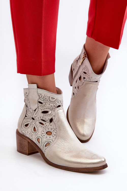 Ażurowe Botki Skórzane Lewski Shoes 3170/2 Złoty Przecierany