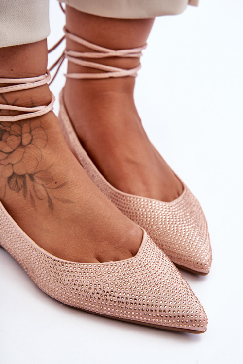 Wiązane Damskie Baleriny Zdobione Ćwiekami Beżowe Jange