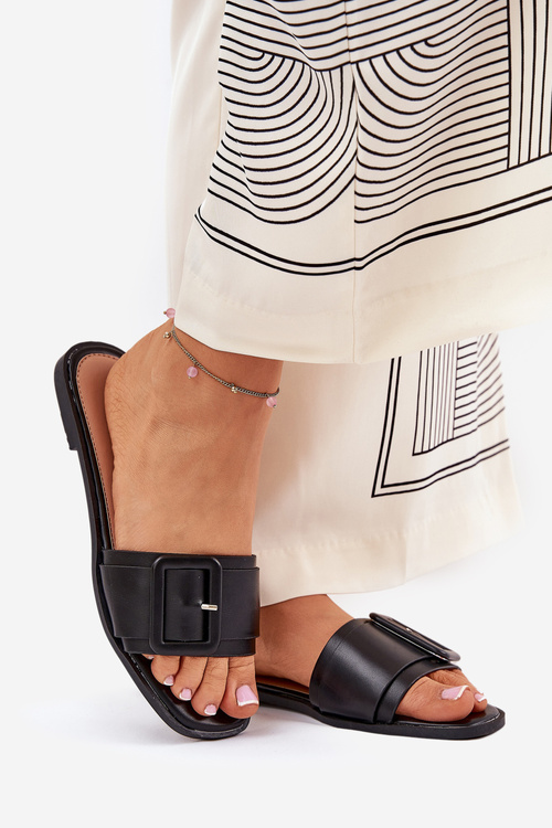 Płaskie Klapki Damskie Eko Skórzane Z Klamrą Czarne Bamma