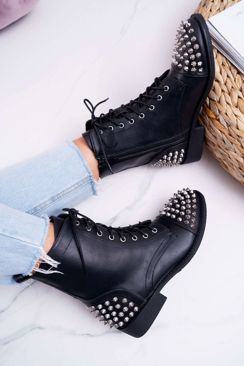 Damskie Botki Lu Boo Czarne Workery z Ćwiekami Tension