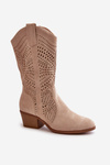 Ażurowe Damskie Botki Kowbojki Na Obcasie Beżowe Iceda