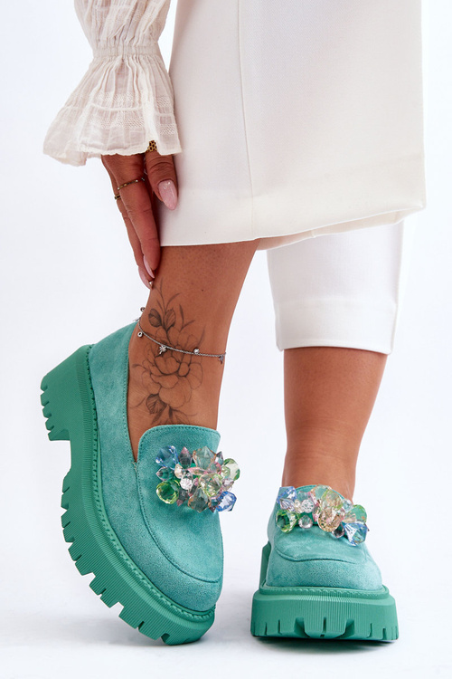 Damskie Mokasyny Z Ozdobnymi Kryształami Zielone Avril