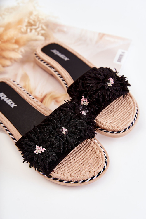 Damskie Klapki Z Materiałowymi Kwiatami Czarne Susana