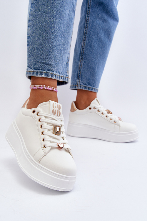 Sneakersy Damskie Na Platformie Z Ozdobami Białe Herbisa