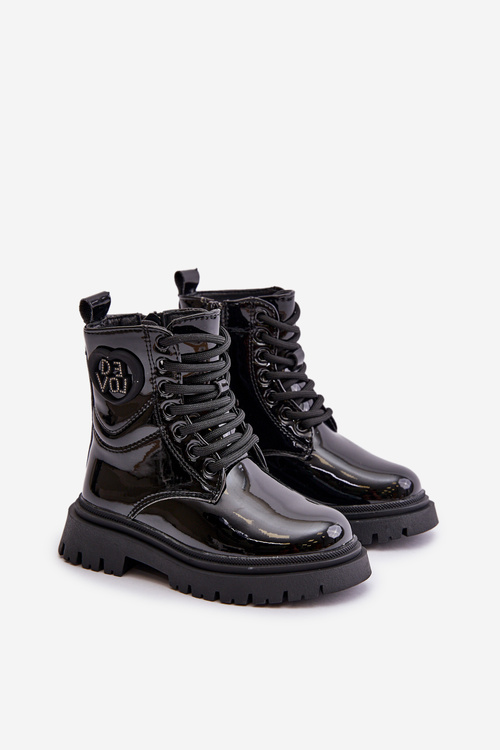 Lakierowane Botki Dziewczęce Ocieplane Futerkiem Na Zamek Czarne Evaliraea