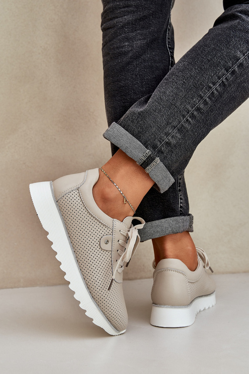 Skórzane Buty Sportowe Na Platformie Z Brokatem D&A LR51-629 Beżowe