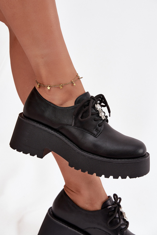 Półbuty Damskie Z Przypinką Eko Skórzane Czarne Laurea