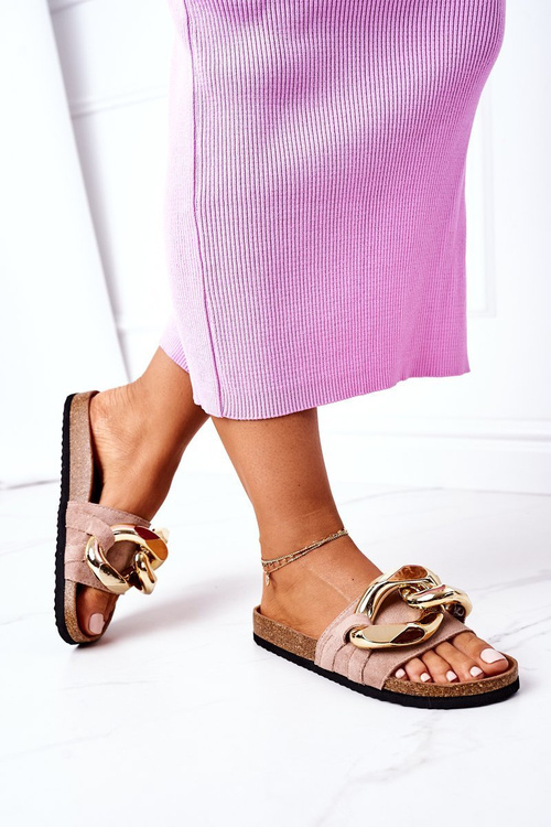 Klapki Na Korku Z Łańcuchem S.Barski SB001 Beżowe