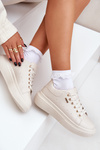 Sneakersy Damskie Na Platformie Eko Skóra Jasnobeżowe Lelandine