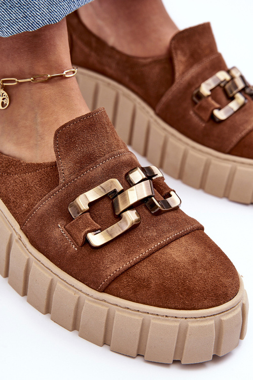 Zamszowe Półbuty Damskie Na Platformie Z Ozdobą Brązowe Lewski 3398