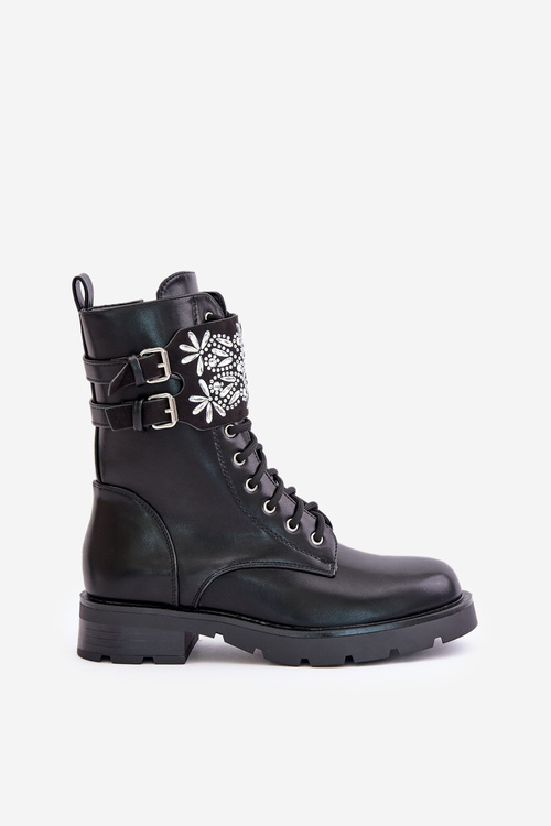 Ocieplane Workery Botki Z Ozdobnym Paskiem I Klamrami Czarne Viveria