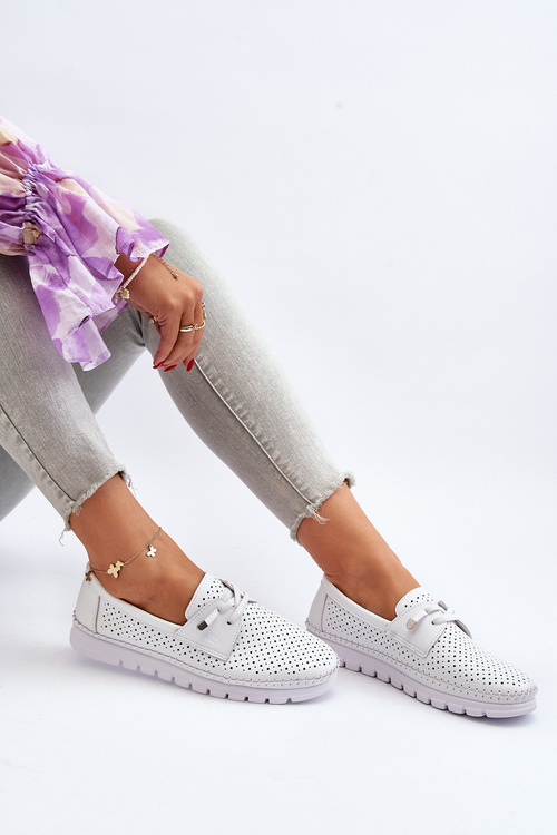 Skórzane Półbuty Damskie Ażurowe Białe Darnissa