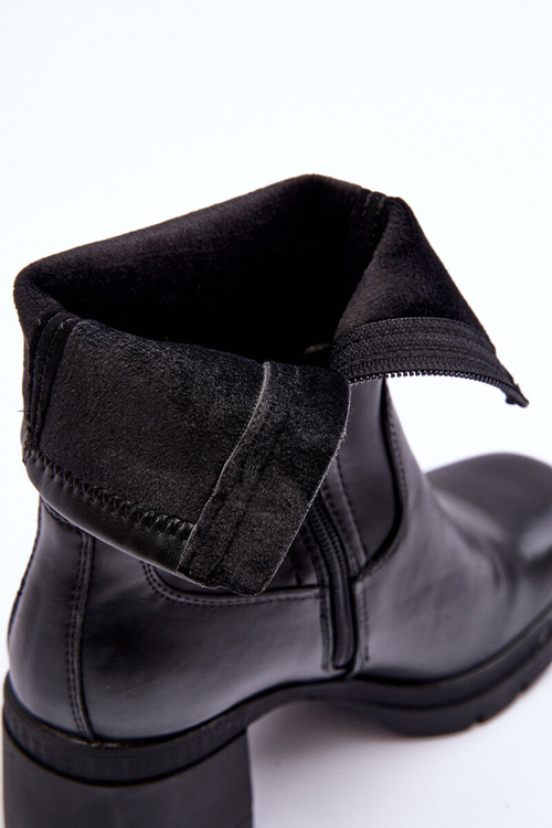 Skórzane Botki Damskie Na Masywnym Obcasie Czarne Fllavie