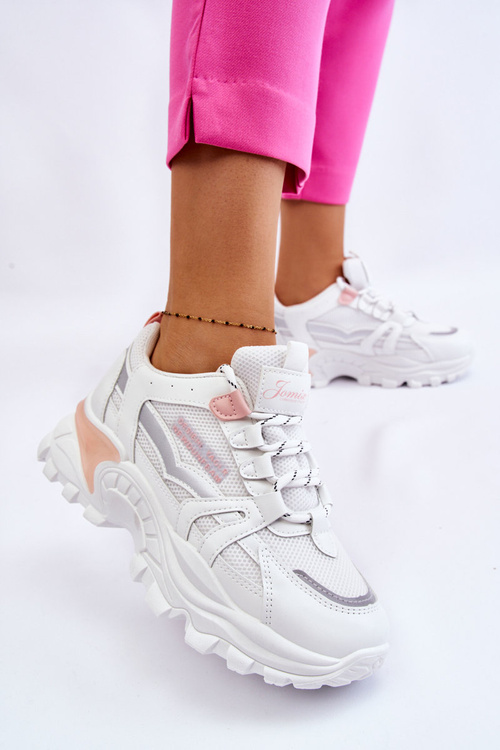 Modne Damskie Sneakersy Na Platformie Biało-Różowe Biko