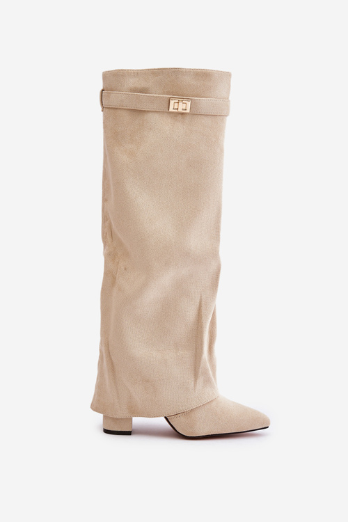 Kozaki Na Słupku Z Wywiniętą Cholewką Ocieplane Jasnobeżowe Urelli