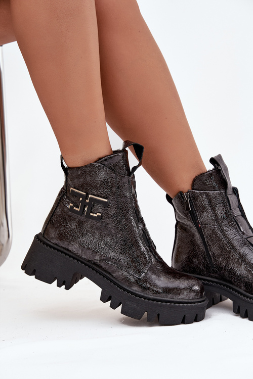 Skórzane Lakierowane Botki Damskie Z Ozdobą Ocieplane Artiker 57C2081 Grafitowe