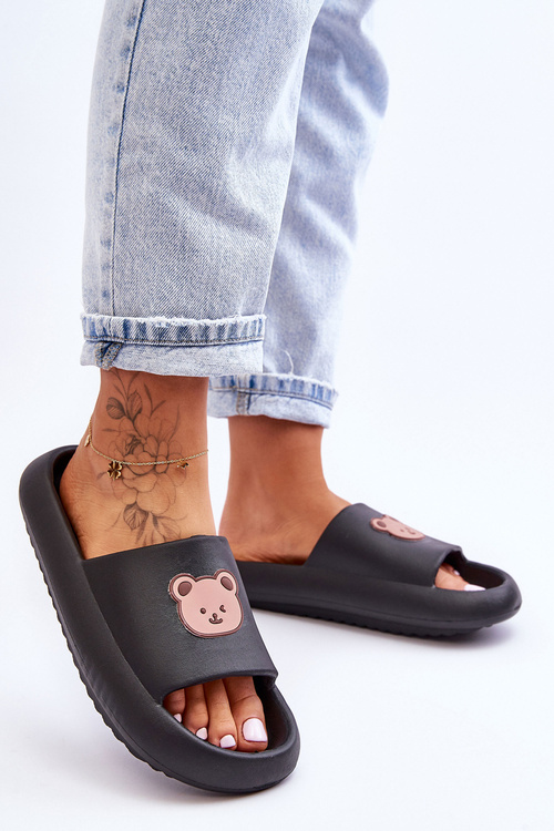 Lekkie Damskie Piankowe Klapki Z Misiem Czarne Lia