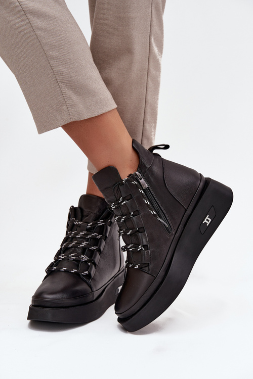 Skórzane Botki Damskie Na Platformie Ocieplane Artiker 55C0809 Czarne