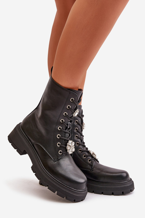 Botki Workery Damskie Eko Skórzane Z Przypinkami Czarne Kristines