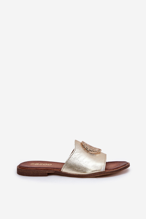 Zazoo 2938 Skórzane Klapki Na Płaskim Obcasie Z Ozdobą Złote