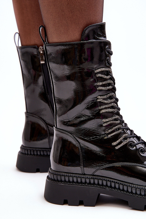 Lakierowane Damskie Botki Workery Sznurowane Czarne S.Barski MR870-72