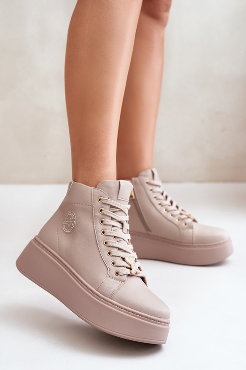 Wysokie Skórzane Sneakersy Damskie Na Platformie Vinceza 66707 Beżowe