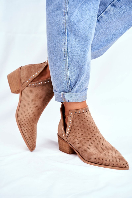 Botki Damskie Na Słupku Zamszowe Ażurowe Beżowe Margate