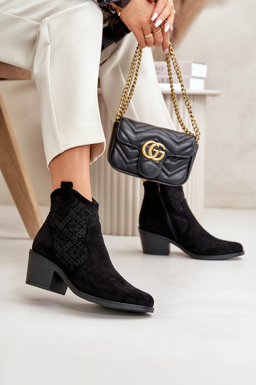 Ażurowe Botki Kowbojki Na Zamek Eko Zamszowe Czarne S.Barski HY42-944