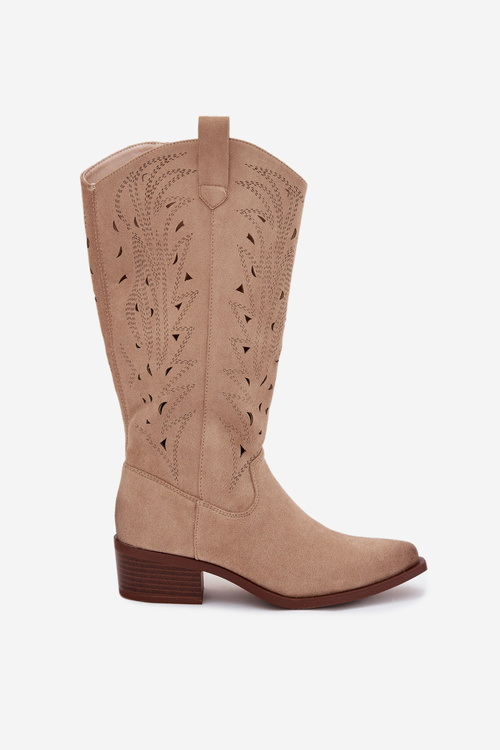 Kozaki Kowbojki Z Ażurowym Wzorem Na Niskim Obcasie Beżowe Selirae