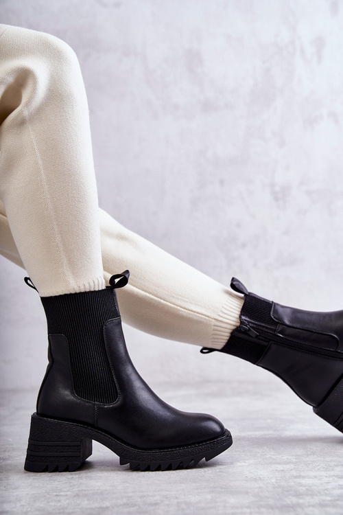 Damskie Ocieplane Botki Na Obcasie Czarne Abella