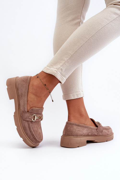 Mokasyny Damskie Ze Złotą Ozdobą Eko Zamszowe Brązowe Lighas