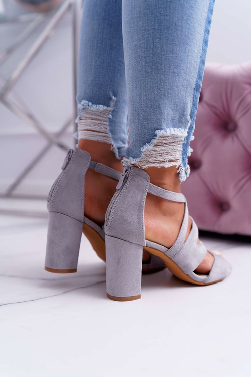 Damskie Sandały Na Słupku Zamszowe Szare Lemilia