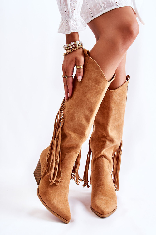 Damskie Zamszowe Kozaki Kowbojki Z Frędzlami Camel Simplo