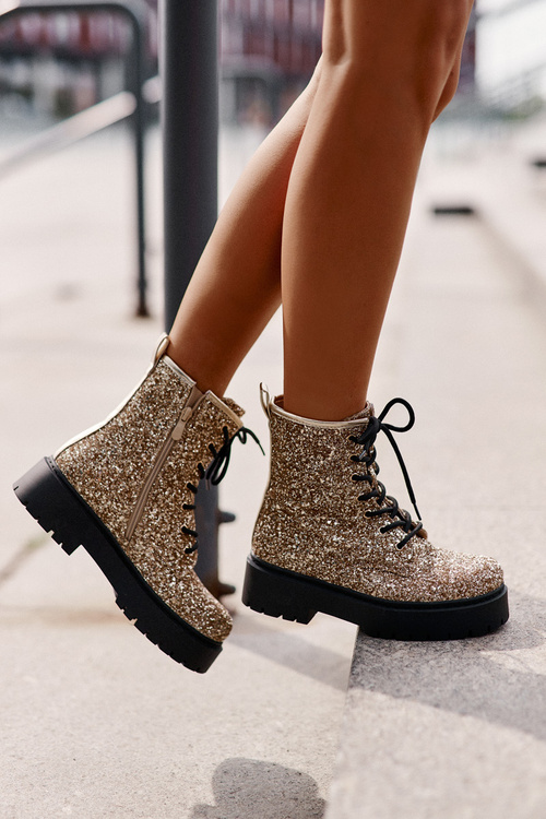 Ocieplane Botki Workery Damskie Ozdobione Cekinami Złote Liatheine