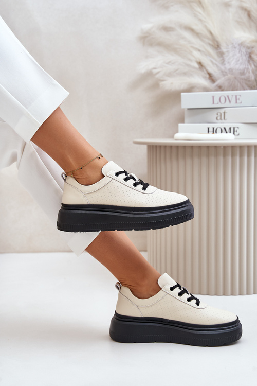 Buty Sportowe Damskie Na Platformie Skóra Naturalna Beżowe 41470 Vinceza