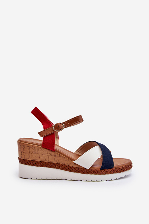 Sandały Na Koturnie Z Paskami Biało-Granatowe Kioda