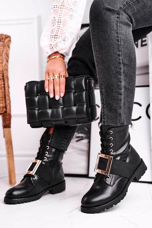 Botki Damskie Ze Złotą Klamrą Happy Su Czarne