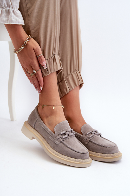 Mokasyny Damskie Zamszowe Na Płaskim Obcasie Z Ozdobą D&A TW101 Szare