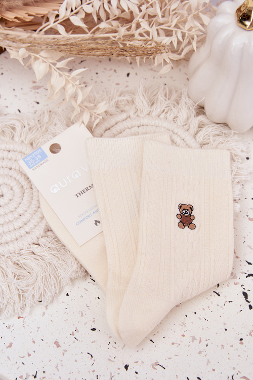Ciepłe Skarpetki Damskie Z Wełną Miś Ecru