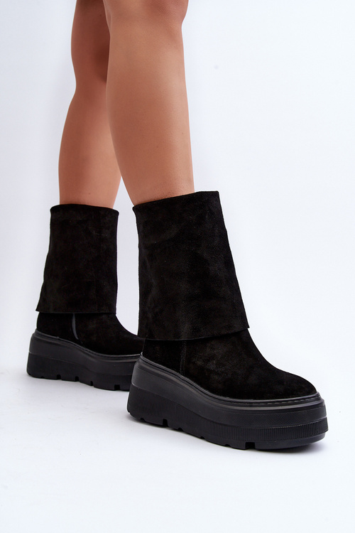 Zazoo 3410 Zamszowe Damskie Botki Na Masywnej Platformie Czarne