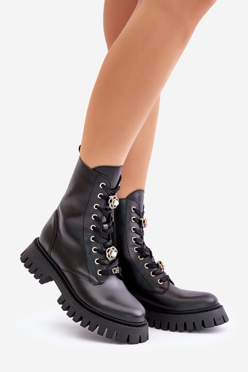 Skórzane Botki Workery Z Przypinkami Na Zamek CheBello 4553 Czarne