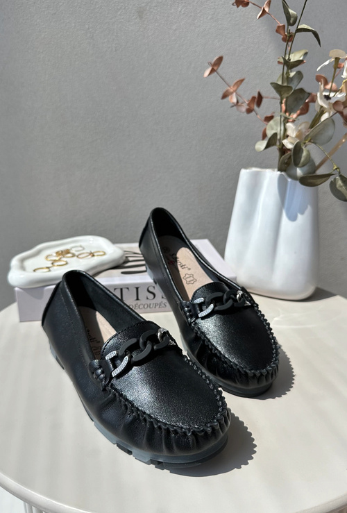Skórzane Mokasyny Damskie Z Ozdobą Czarne S.Barski LR339