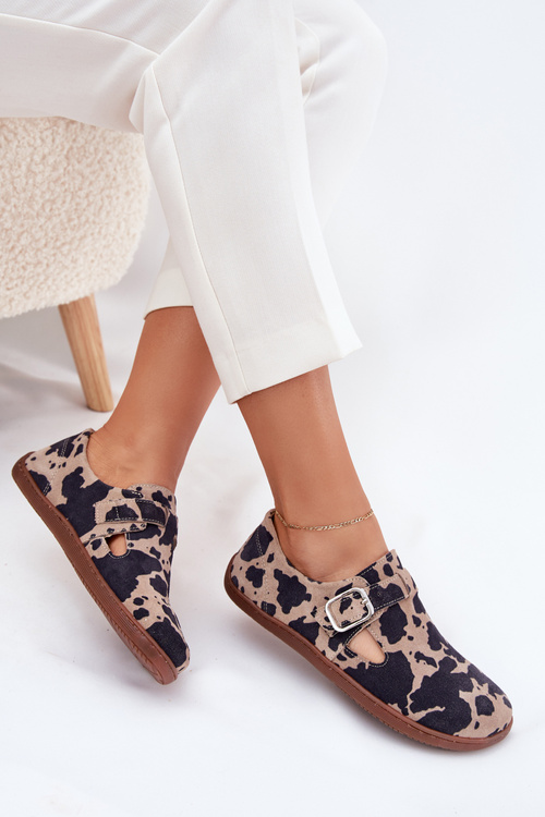 Zamszowe Półbuty Barefoot Damskie Z Klamrą Łaty Zazoo N1261 Brązowo-Beżowe