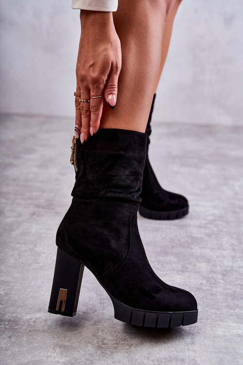 Zamszowe Wysokie Botki Na Słupku Czarne Volter