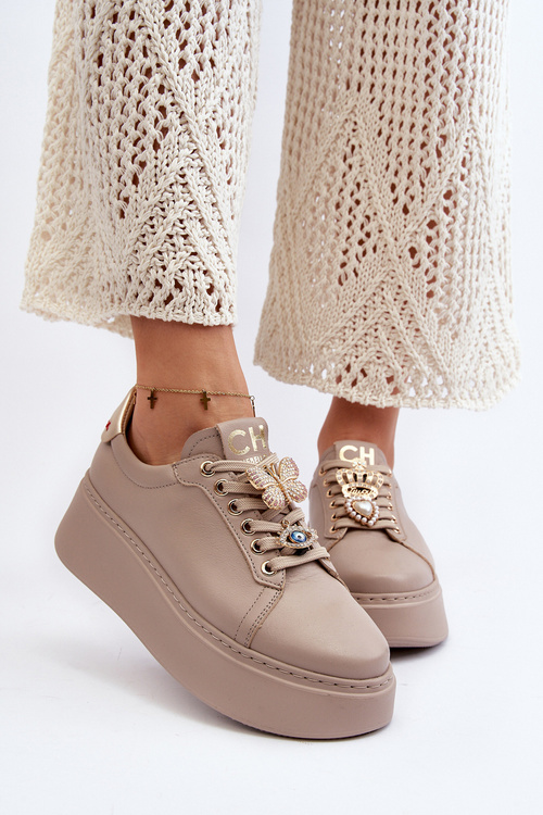 Damskie Skórzane Sneakersy Z Ozdobami CheBello 4292 Beżowe